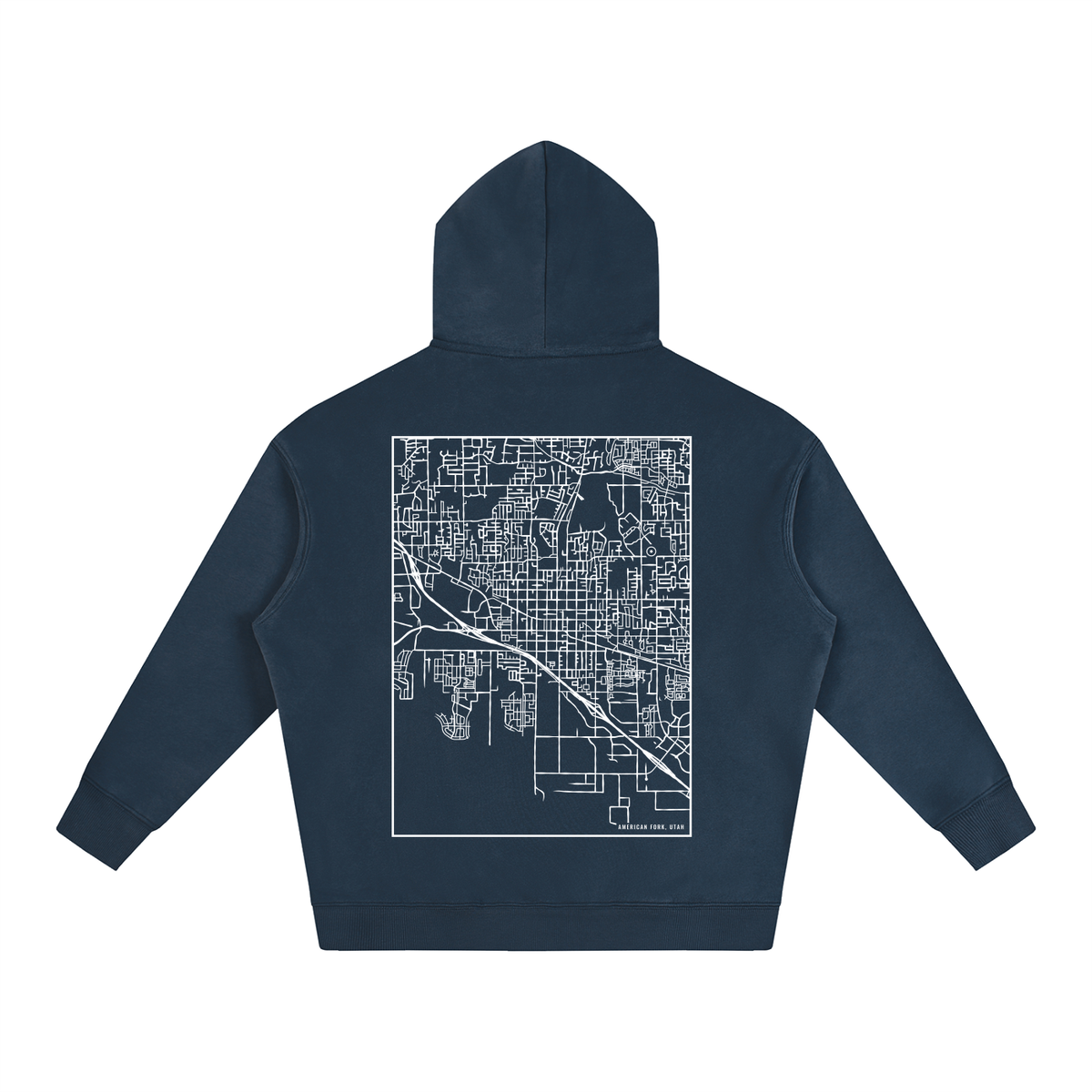 American Fork map hoodie, back print - Navy Blue