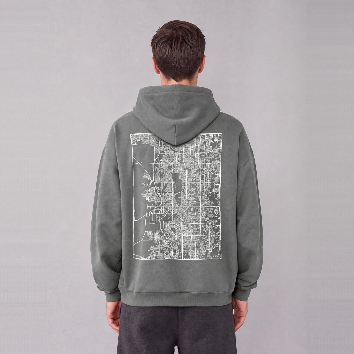West Jordan map hoodie, back print on model - Gray