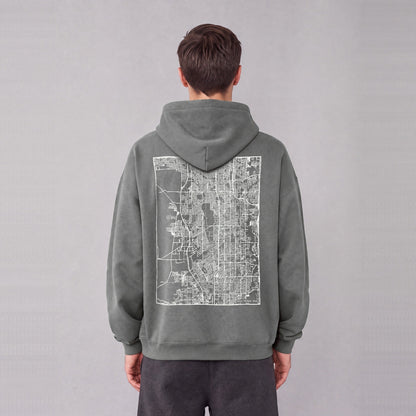 West Jordan map hoodie, back print on model - Gray