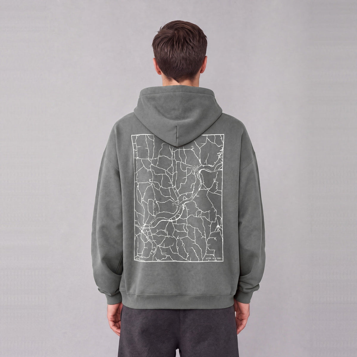 Afton map hoodie, back print on model - Gray