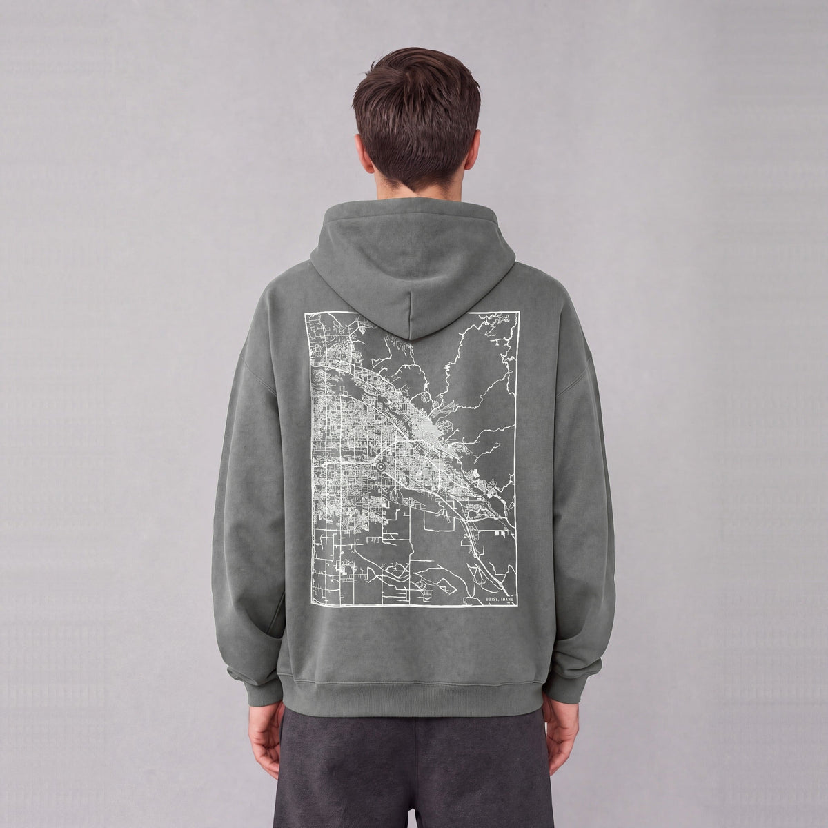 Boise map hoodie, back print on model - Gray