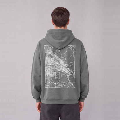 Boise map hoodie, back print on model - Gray
