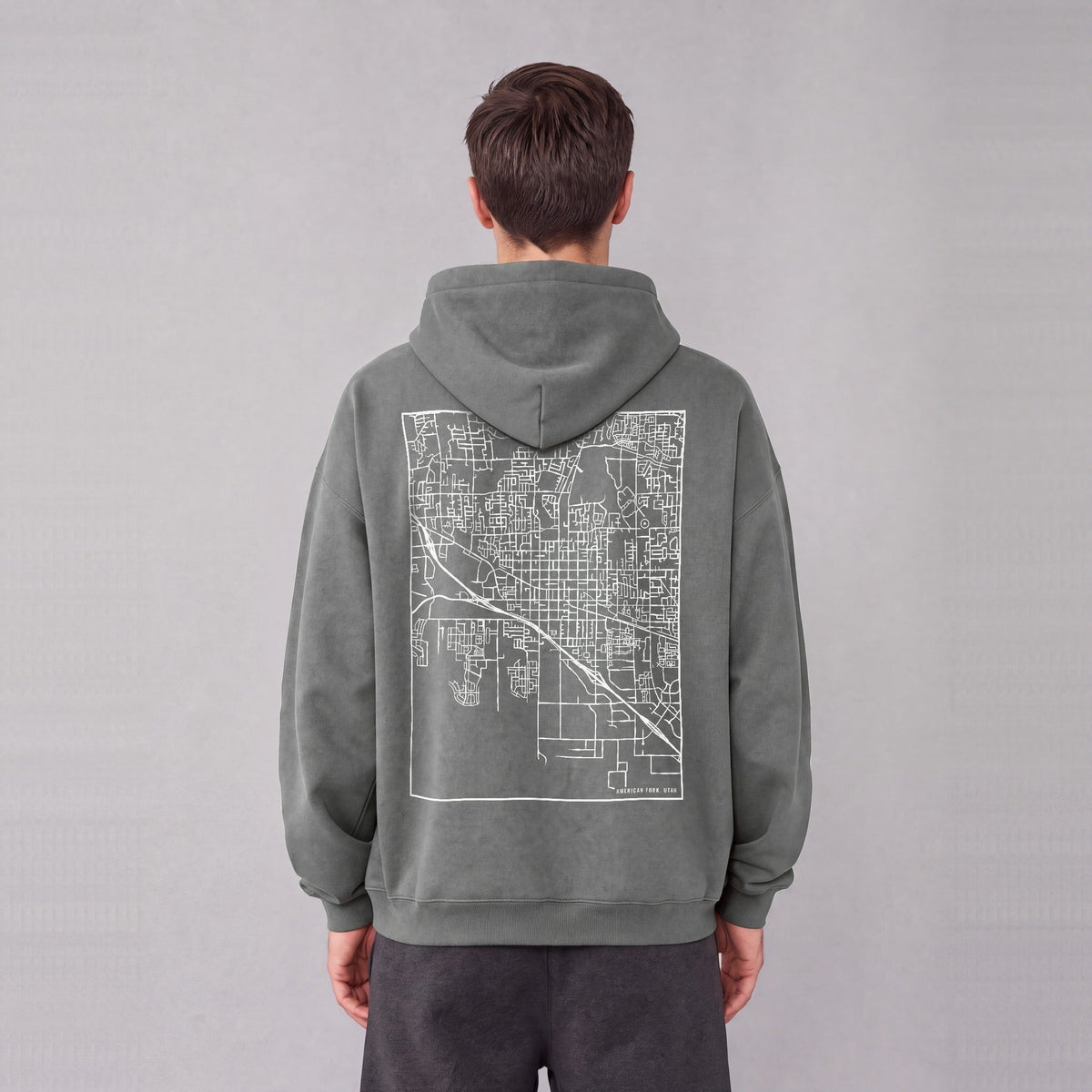 American Fork map hoodie, back print on model - Gray