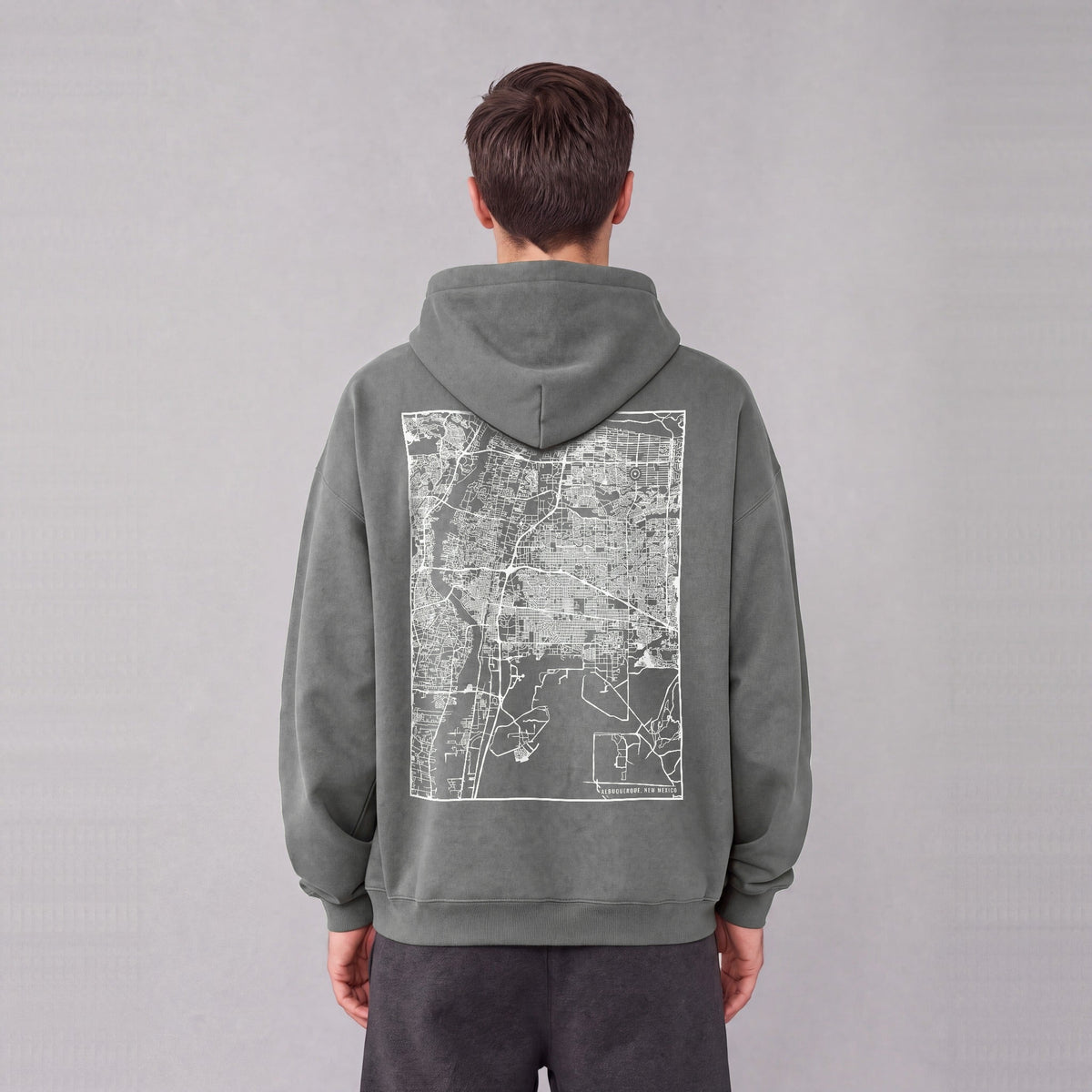 Albuquerque map hoodie, back print on model - Gray