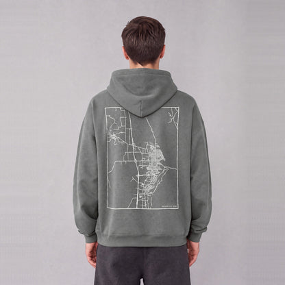 Brigham City map hoodie, back print on model - Gray