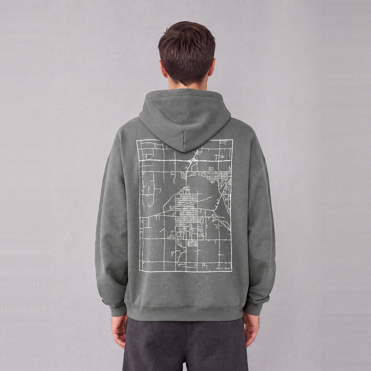 Burley map hoodie, back print on model - Gray
