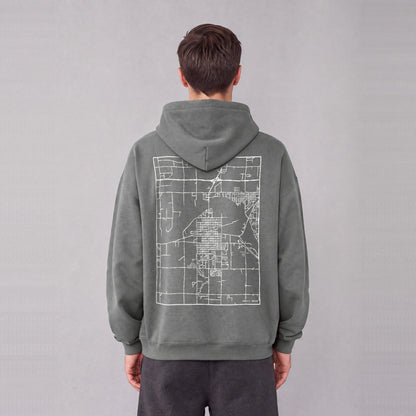 Burley map hoodie, back print on model - Gray