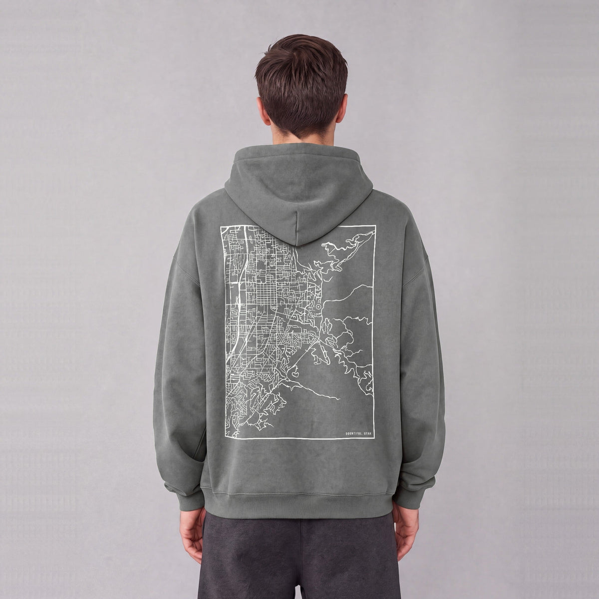 Bountiful map hoodie, back print on model - Gray