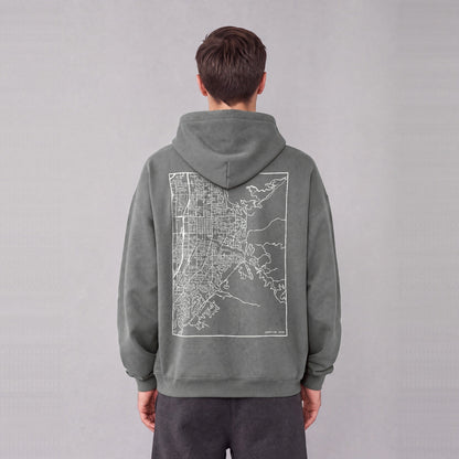 Bountiful map hoodie, back print on model - Gray
