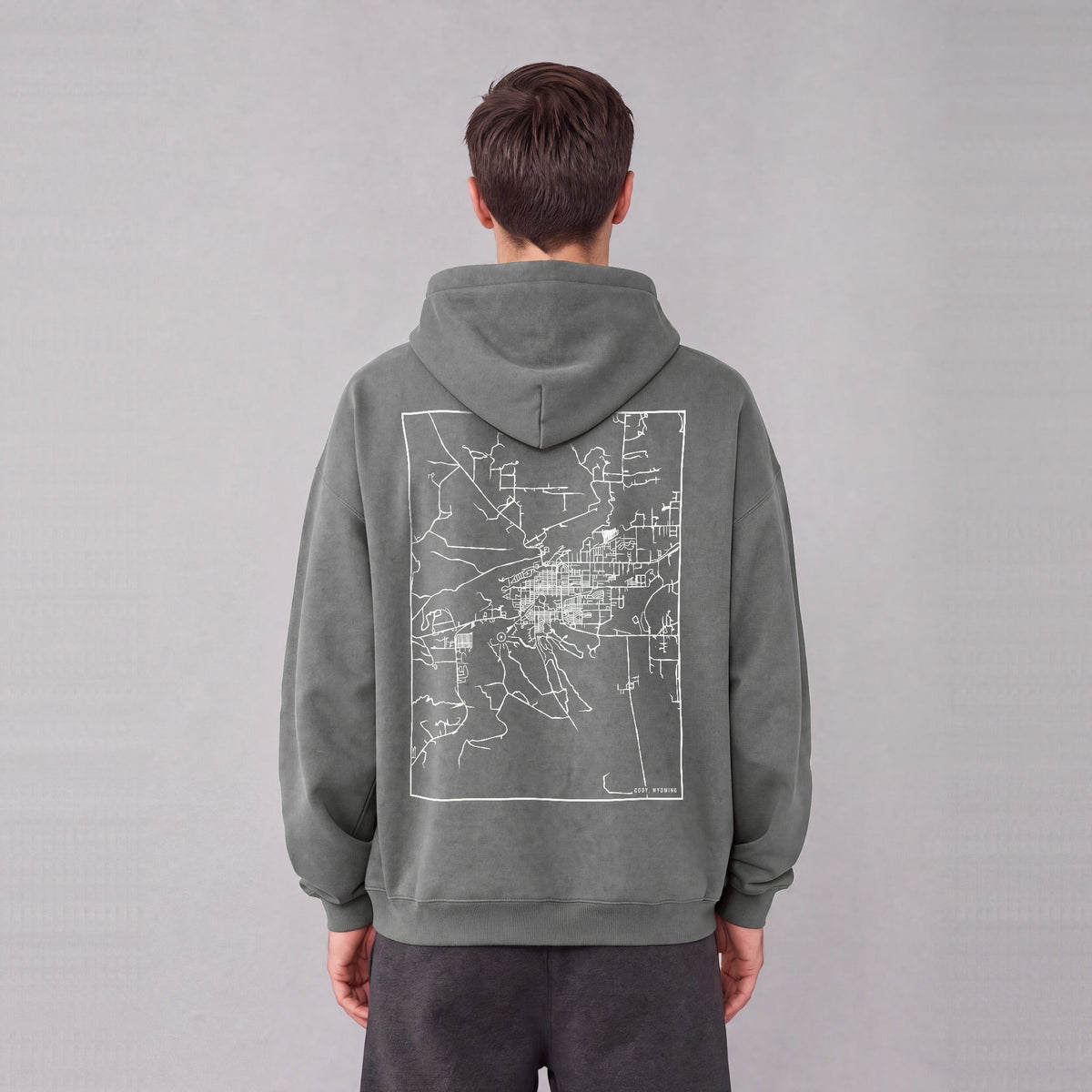 Cody map hoodie, back print on model - Gray