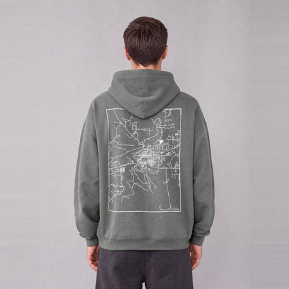 Cody map hoodie, back print on model - Gray