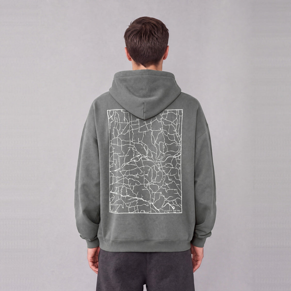 Colesville map hoodie, back print on model - Gray