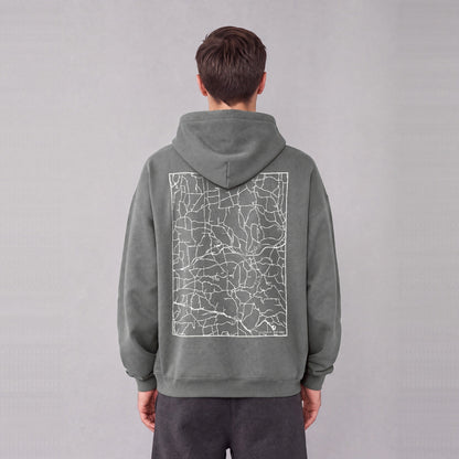 Colesville map hoodie, back print on model - Gray