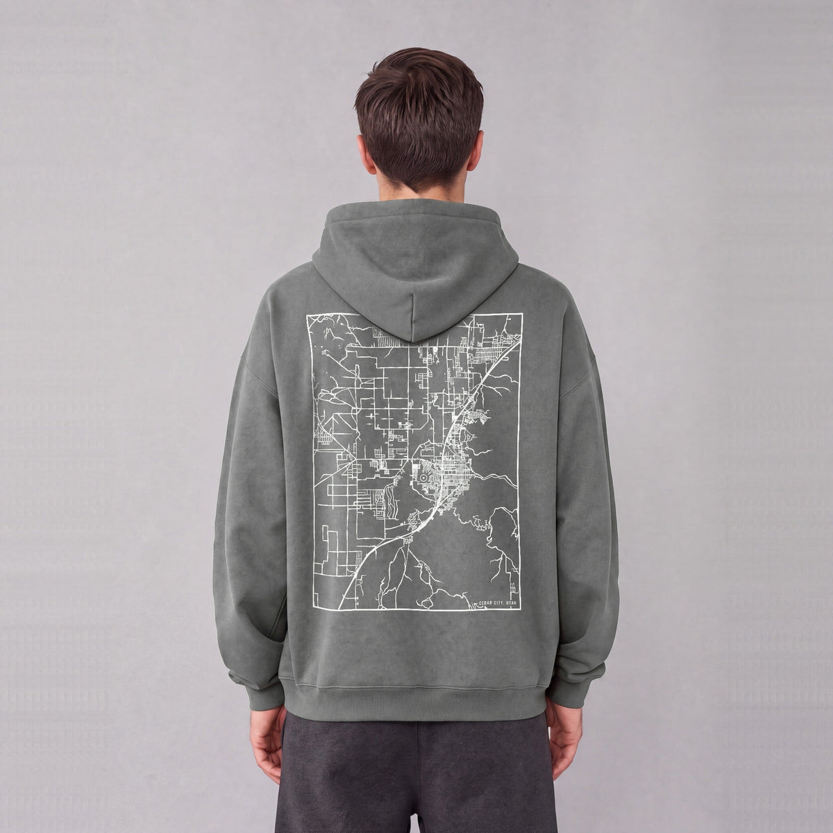 Cedar City map hoodie, back print on model - Gray