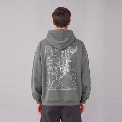 Cedar City map hoodie, back print on model - Gray