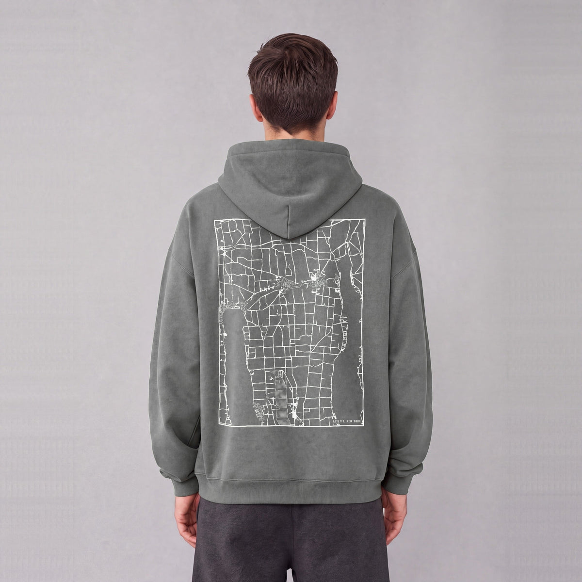 Fayette map hoodie, back print on model - Gray