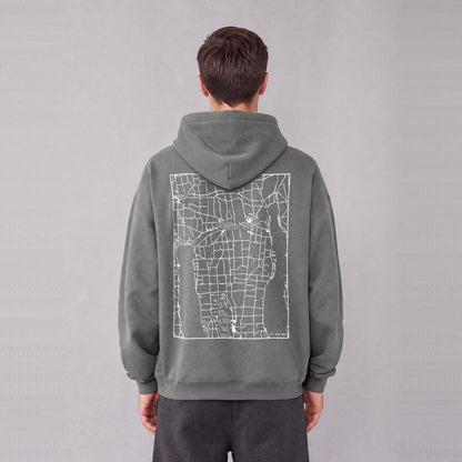 Fayette map hoodie, back print on model - Gray