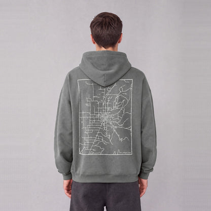 Ephraim map hoodie, back print on model - Gray