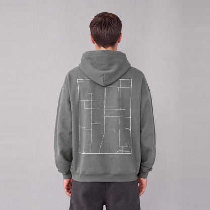 Far West map hoodie, back print on model - Gray