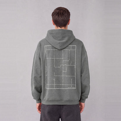 Haun's Mill map hoodie, back print on model - Gray