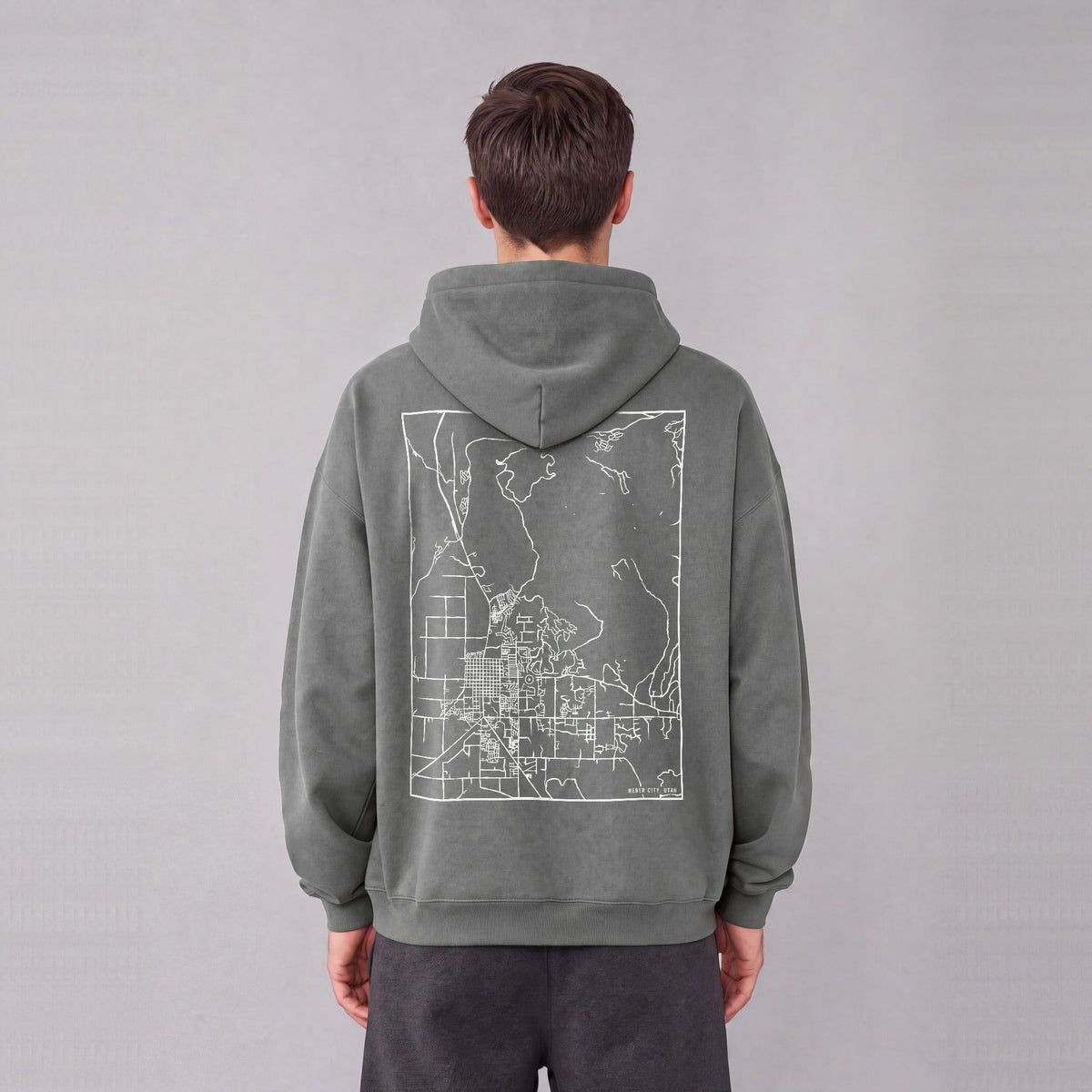 Heber City map hoodie, back print on model - Gray