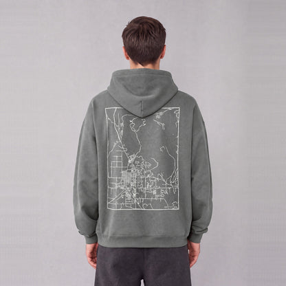 Heber City map hoodie, back print on model - Gray