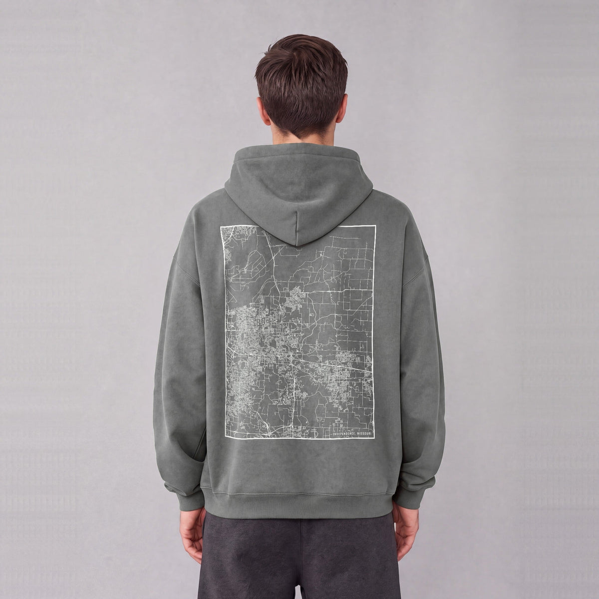Independence map hoodie, back print on model - Gray