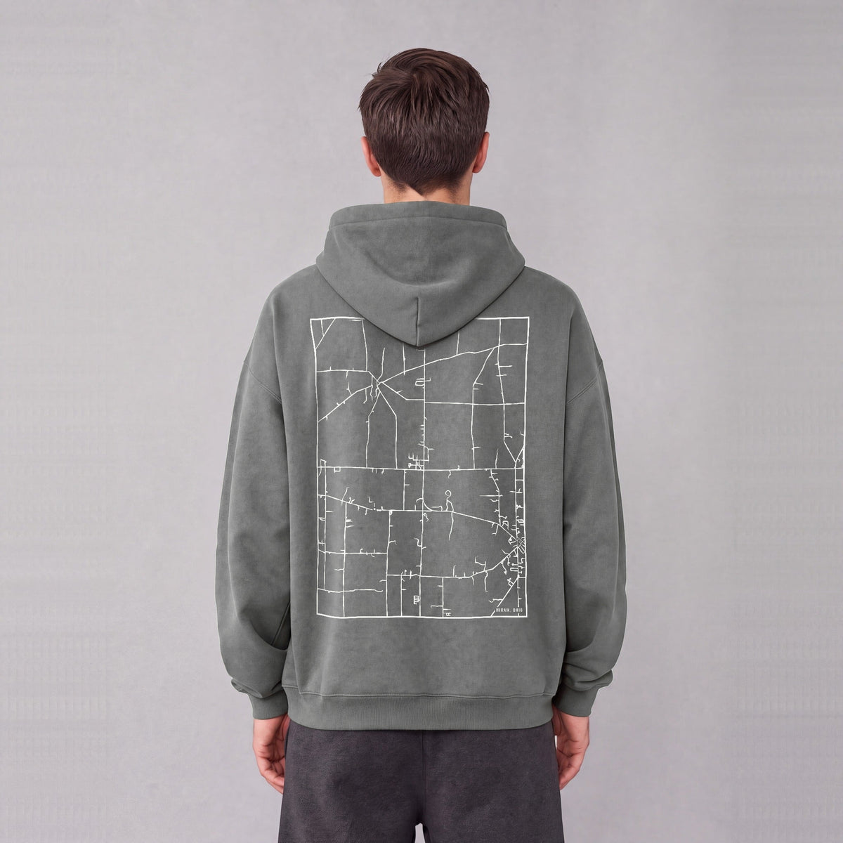 Hiram map hoodie, back print on model - Gray
