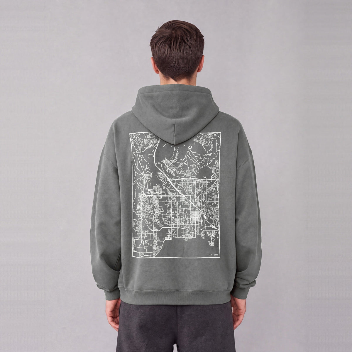 Lehi map hoodie, back print on model - Gray