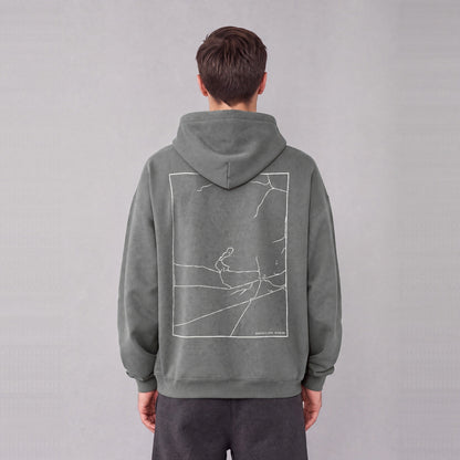 Martin's Cove map hoodie, back print on model - Gray