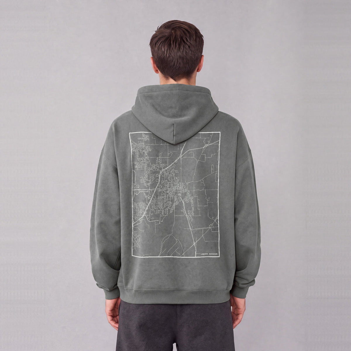 Liberty map hoodie, back print on model - Gray