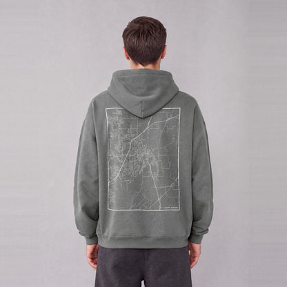 Liberty map hoodie, back print on model - Gray