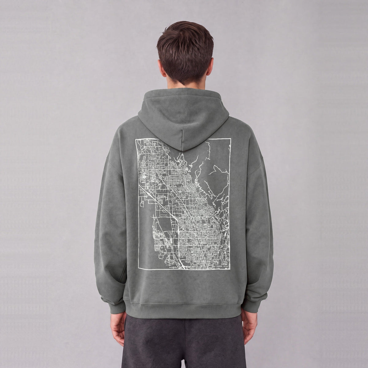 Lindon map hoodie, back print on model - Gray
