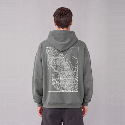 Lindon map hoodie, back print on model - Gray