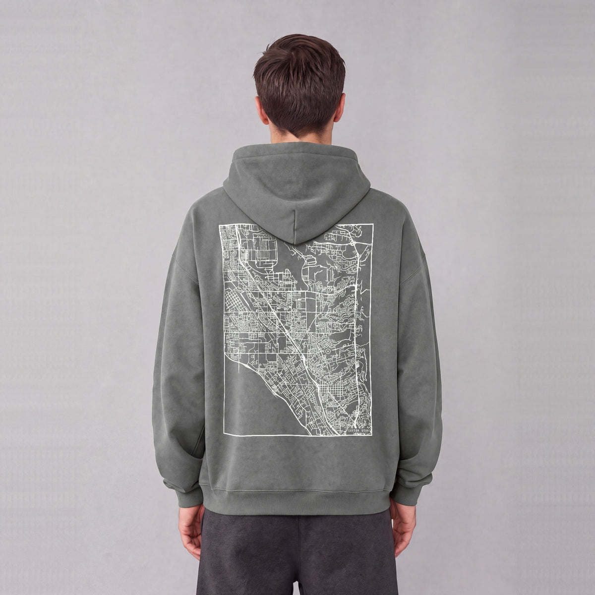 Layton map hoodie, back print on model - Gray