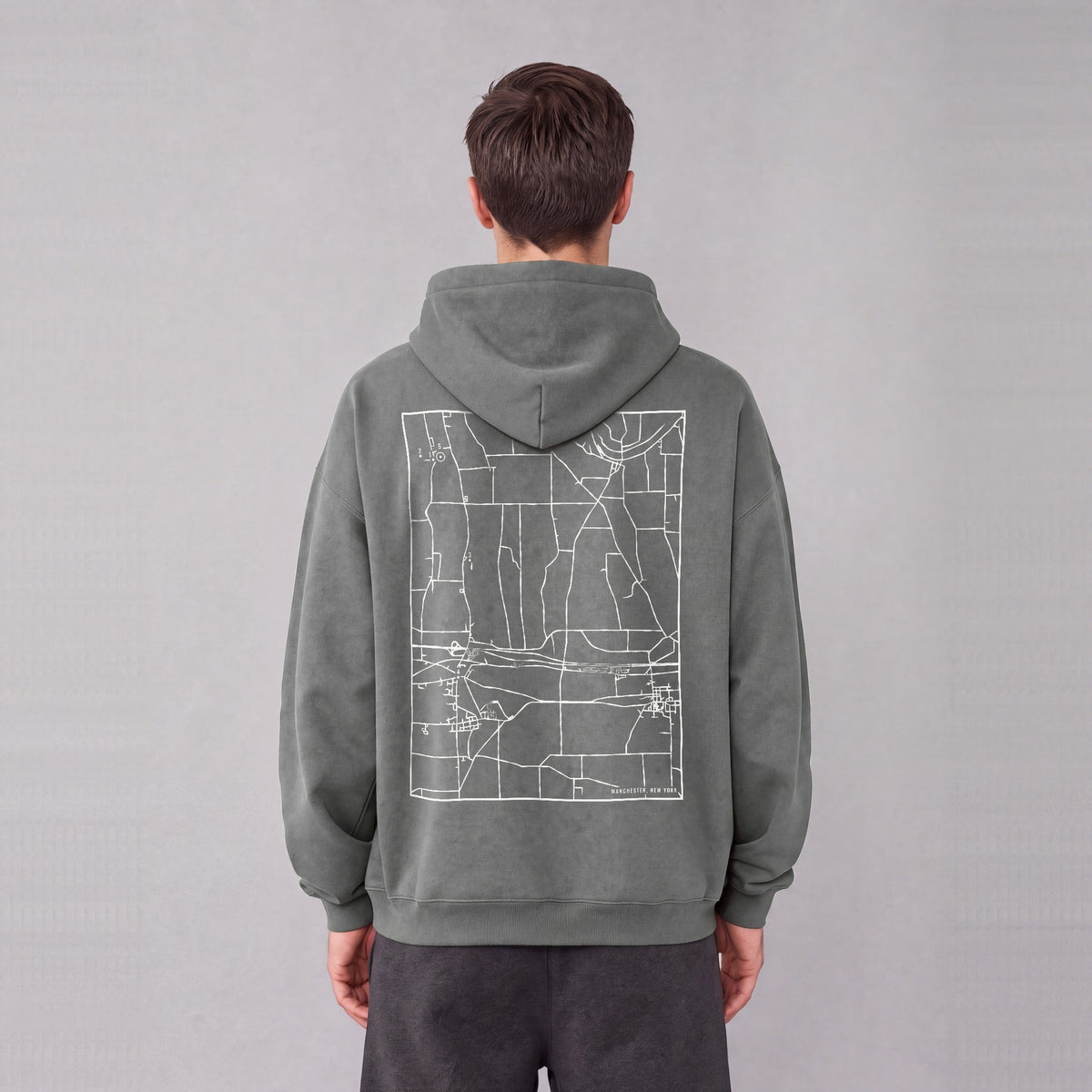 Manchester map hoodie, back print on model - Gray