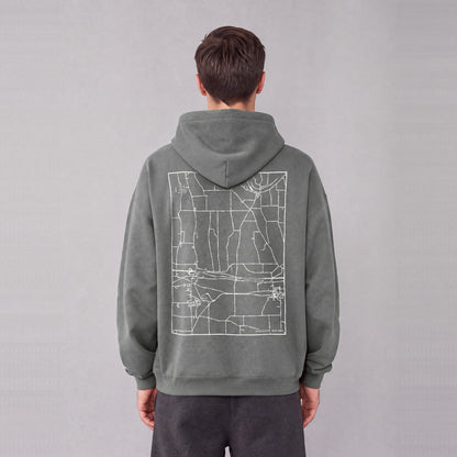 Manchester map hoodie, back print on model - Gray