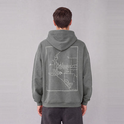 Nauvoo map hoodie, back print on model - Gray