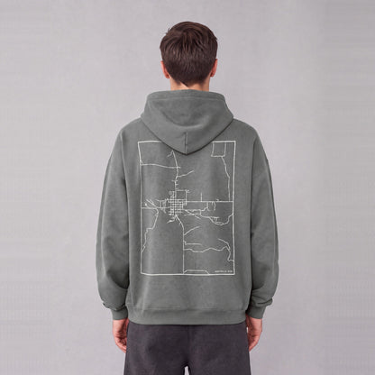 Monticello map hoodie, back print on model - Gray