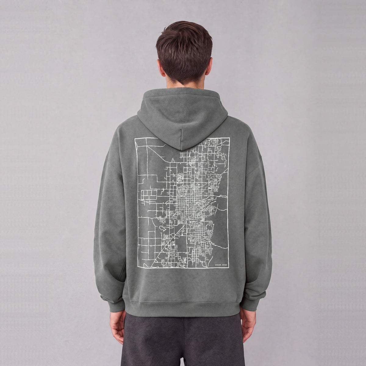Logan map hoodie, back print on model - Gray