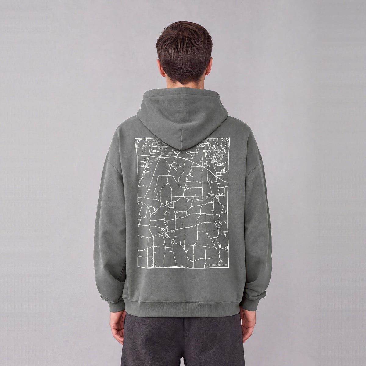 Mendon map hoodie, back print on model - Gray