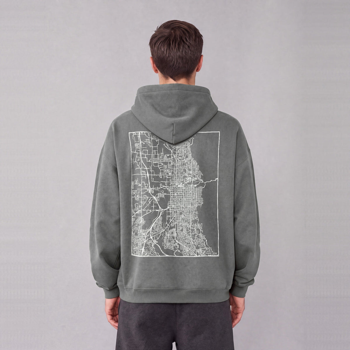 Ogden map hoodie, back print on model - Gray