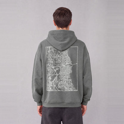 Ogden map hoodie, back print on model - Gray