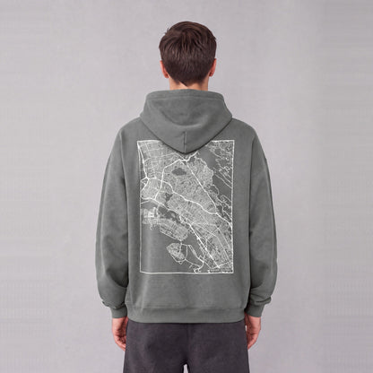 Oakland map hoodie, back print on model - Gray
