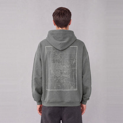 Quincy map hoodie, back print on model - Gray