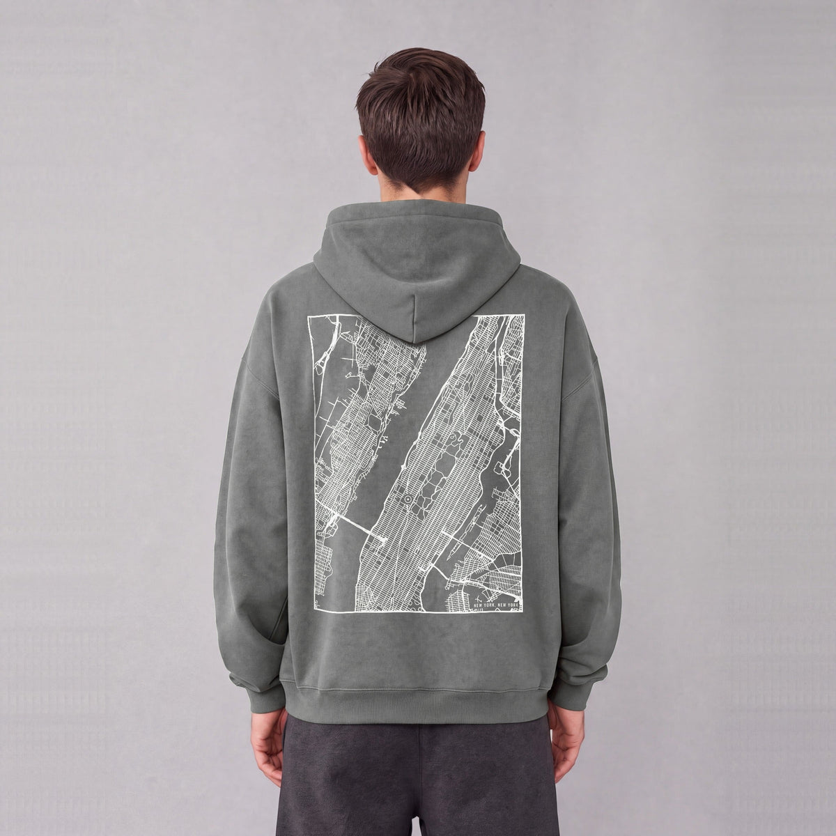 New York map hoodie, back print on model - Gray