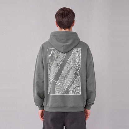 New York map hoodie, back print on model - Gray