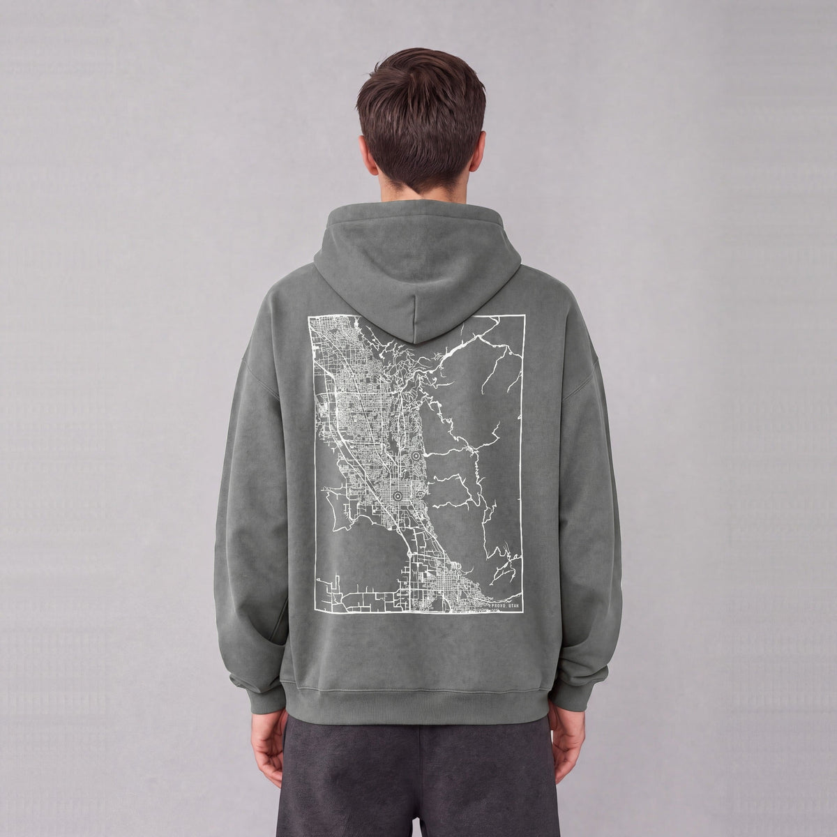 Provo map hoodie, back print on model - Gray