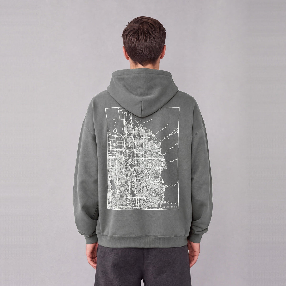 Salt Lake City map hoodie, back print on model - Gray