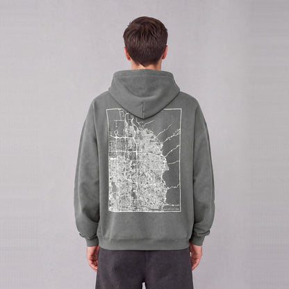 Salt Lake City map hoodie, back print on model - Gray